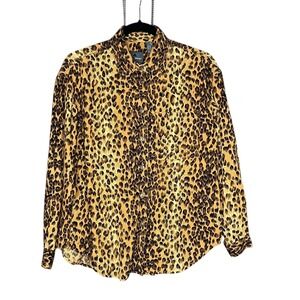 Vintage Lizwear Petite Leopard Print Button Down Shirt Women Medium Rocker Retro